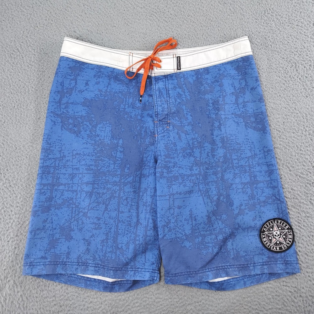 Affliction Shorts Mens 38 Blue Swim Boardshorts Skull Patch American Customs